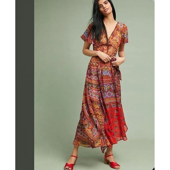 Akemi + Kin Anthro Sz US 0 Multicolor Murol Flutter Faux Wrap Chiffon Maxi Dress - Picture 2 of 11